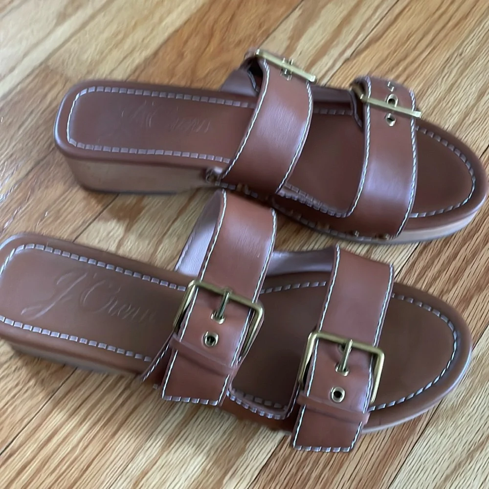J Crew‎ Leather Double Buckle-Strap Wood Heel Retro Sandals